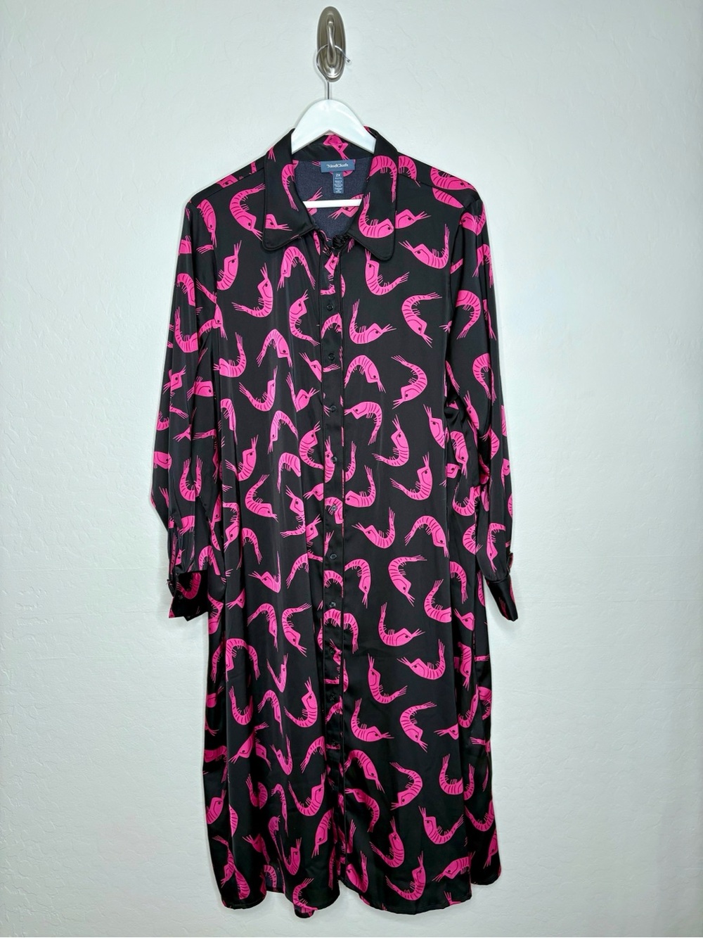ModCloth Prawns Til Dawn Shirt Dress 2X Black Pink Shrimp Print Tie Belt Plus